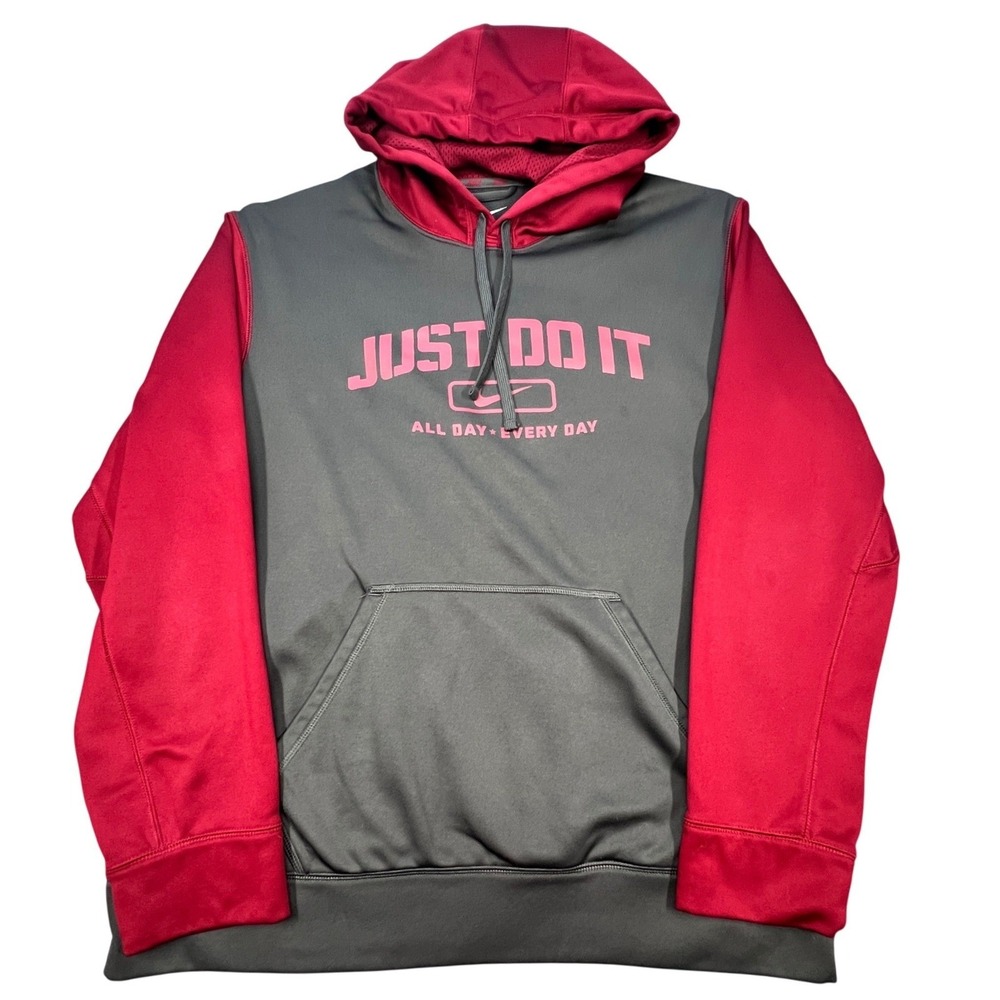 Nike Grey Red Therma-FIT Just Do It Colorblock Pullover Hoodie Mens Large L